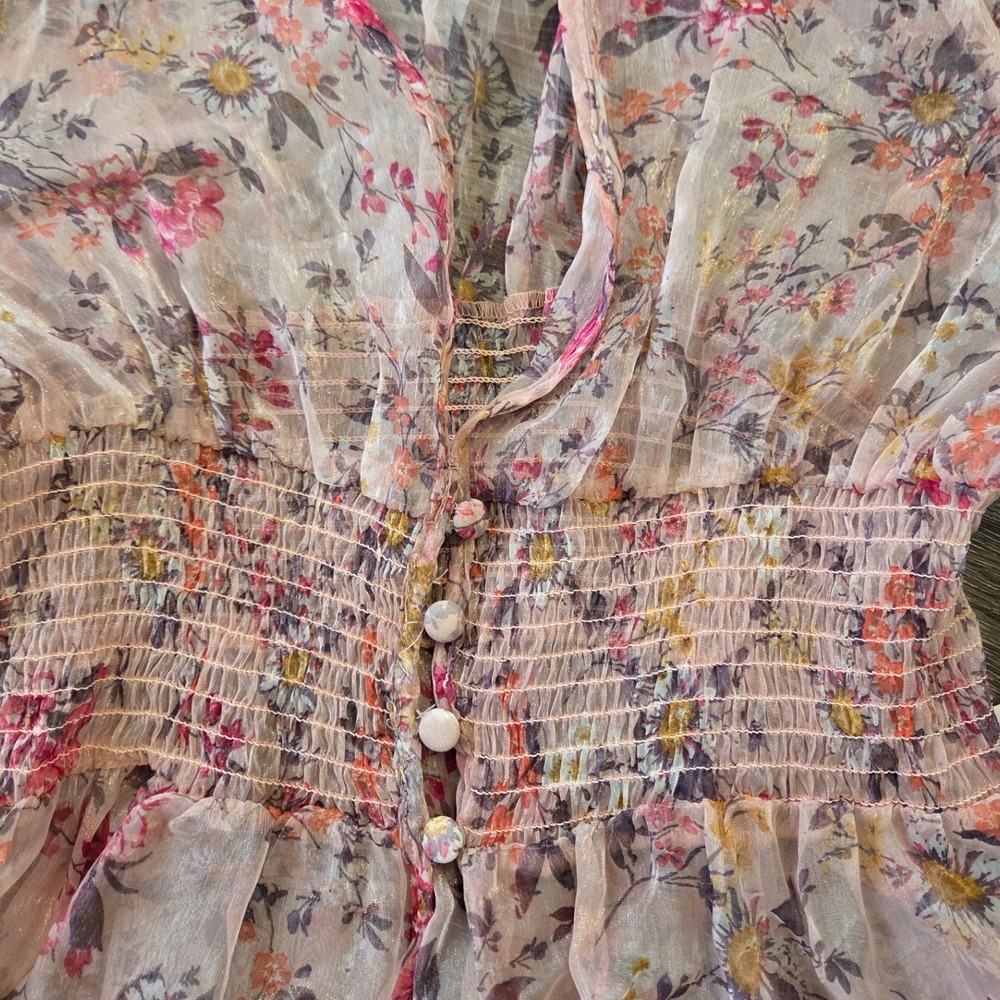 L.I.F.E. Floral Maxi Dress Sheer V-Neck Smocked Waist Slits Size XL - Picture 3 of 7